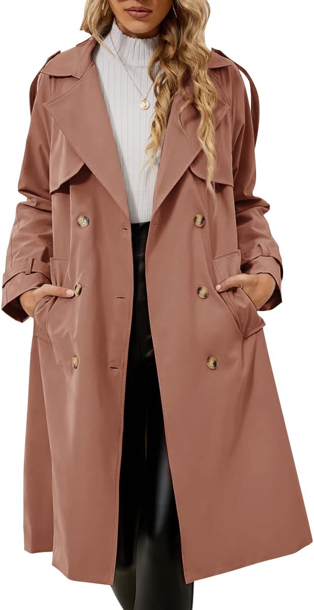 Women's Double Breasted Classic Long Trench Coat Lapel Slim Casual Waterproof Overcoat with Belt