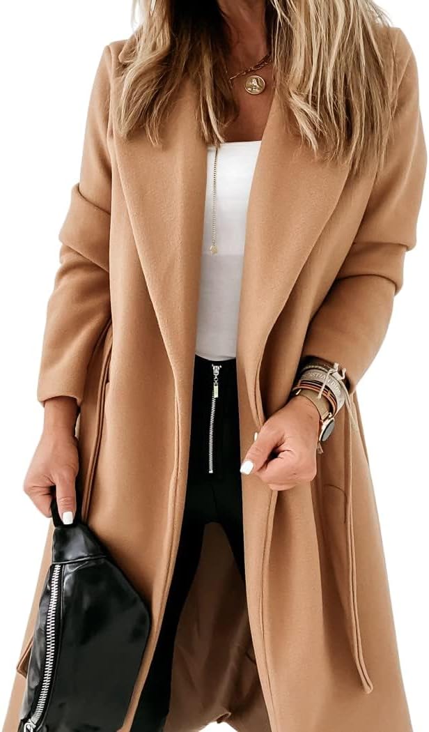 Women's  Classic Coat Lapel Collar Open Front Belted Long Jacket