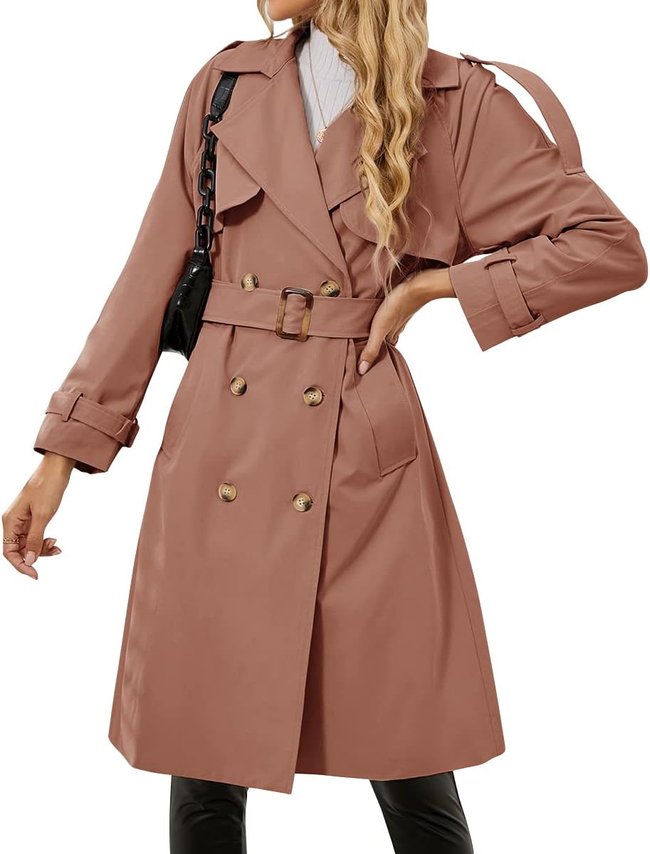 Women's Double Breasted Classic Long Trench Coat Lapel Slim Casual Waterproof Overcoat with Belt