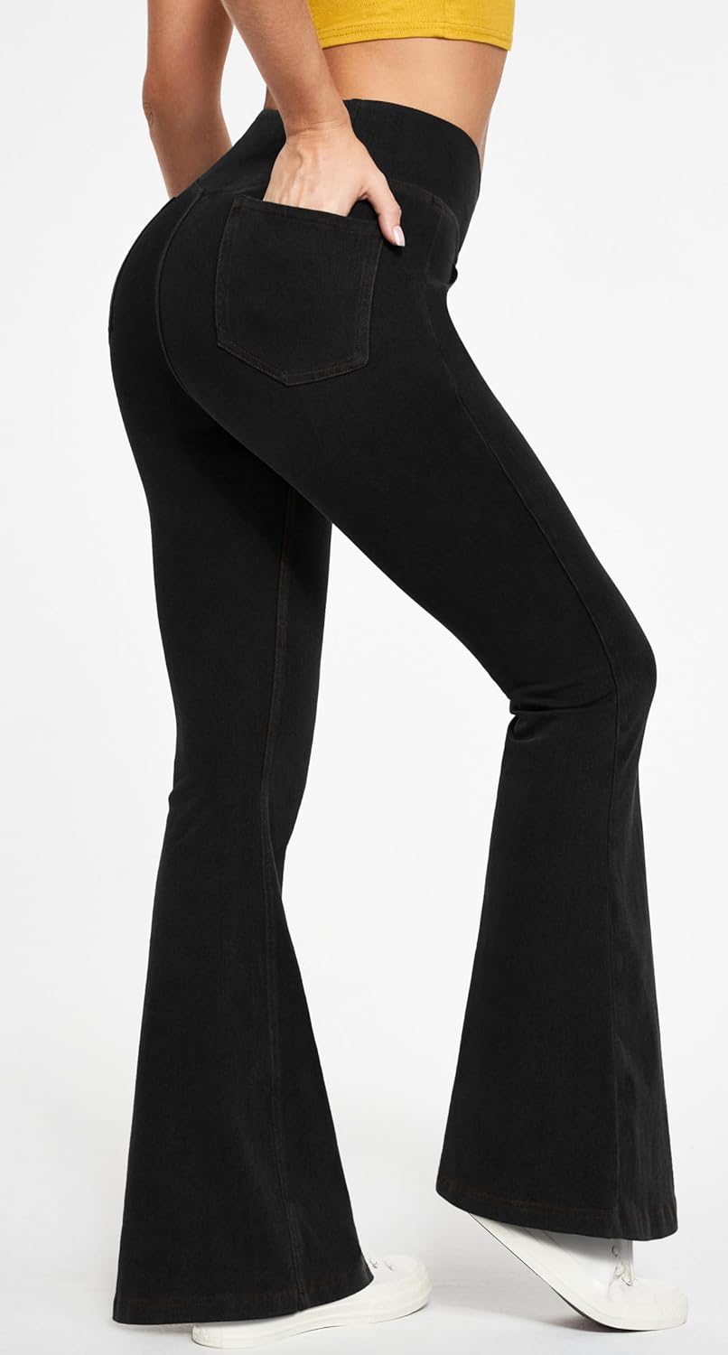 Bell Bottom Jeans for Women High Waisted Stretchy Flare Jeans Pull On Wide Leg Jeans V Cross Tummy Control Flare Pants
