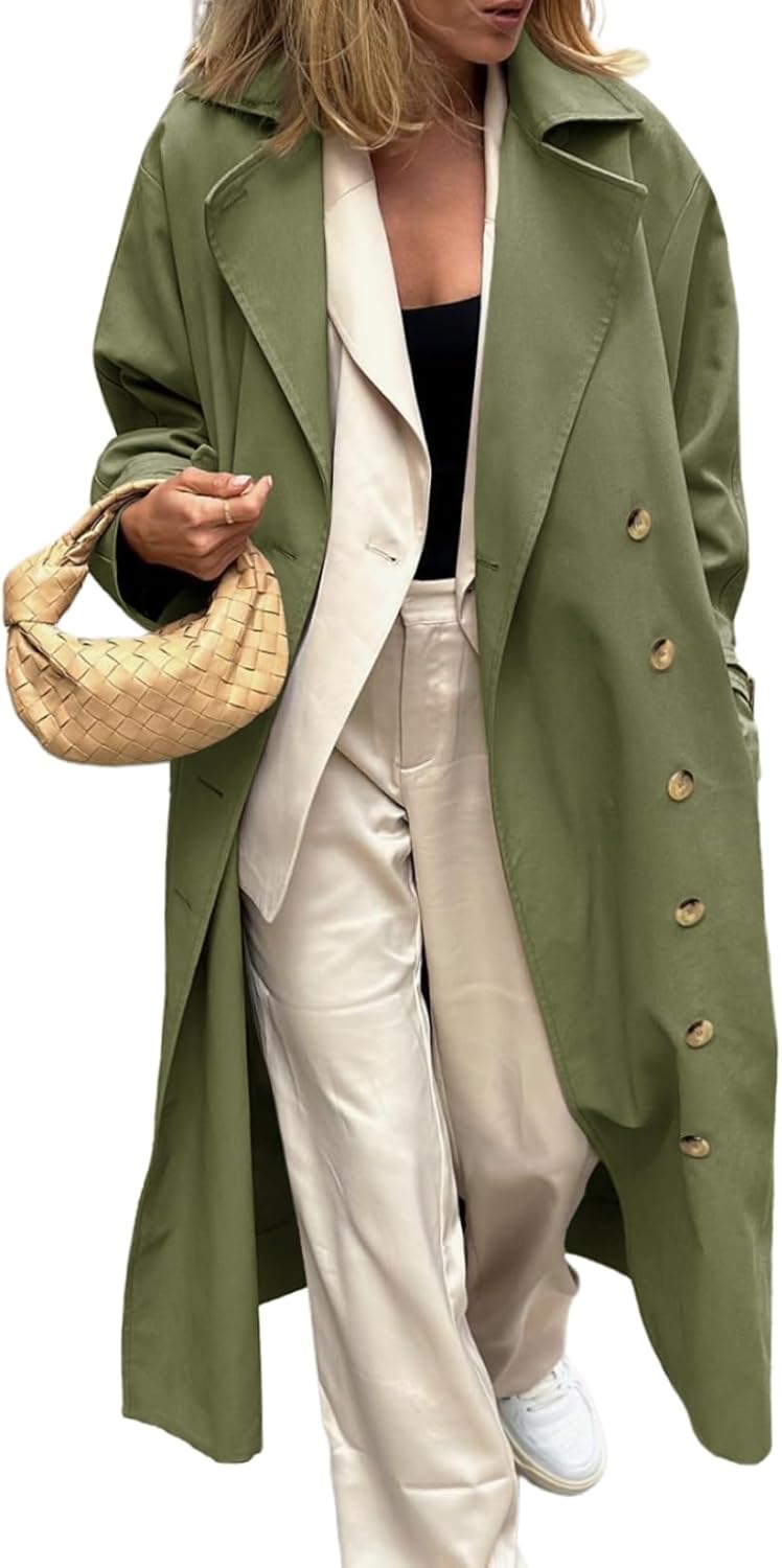 Women's  Long Trench Coat Double Breasted Windproof Classic Lapel Fall Overcoat Outerwear