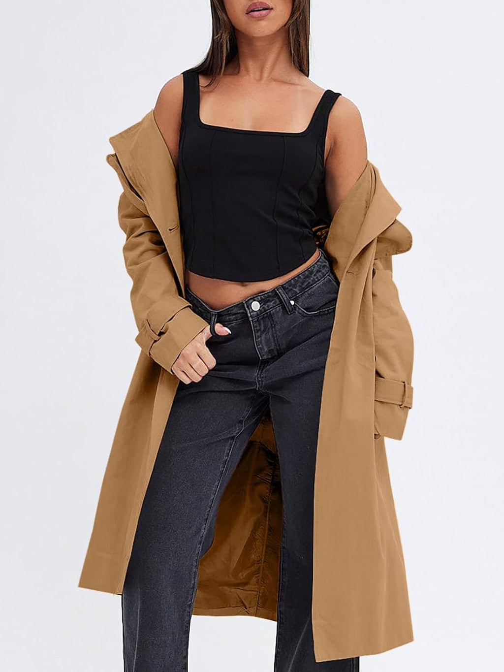 Women's Double Breasted Trench Coats Causal Windproof Long Lapel Pocketed Overcoat with Belt