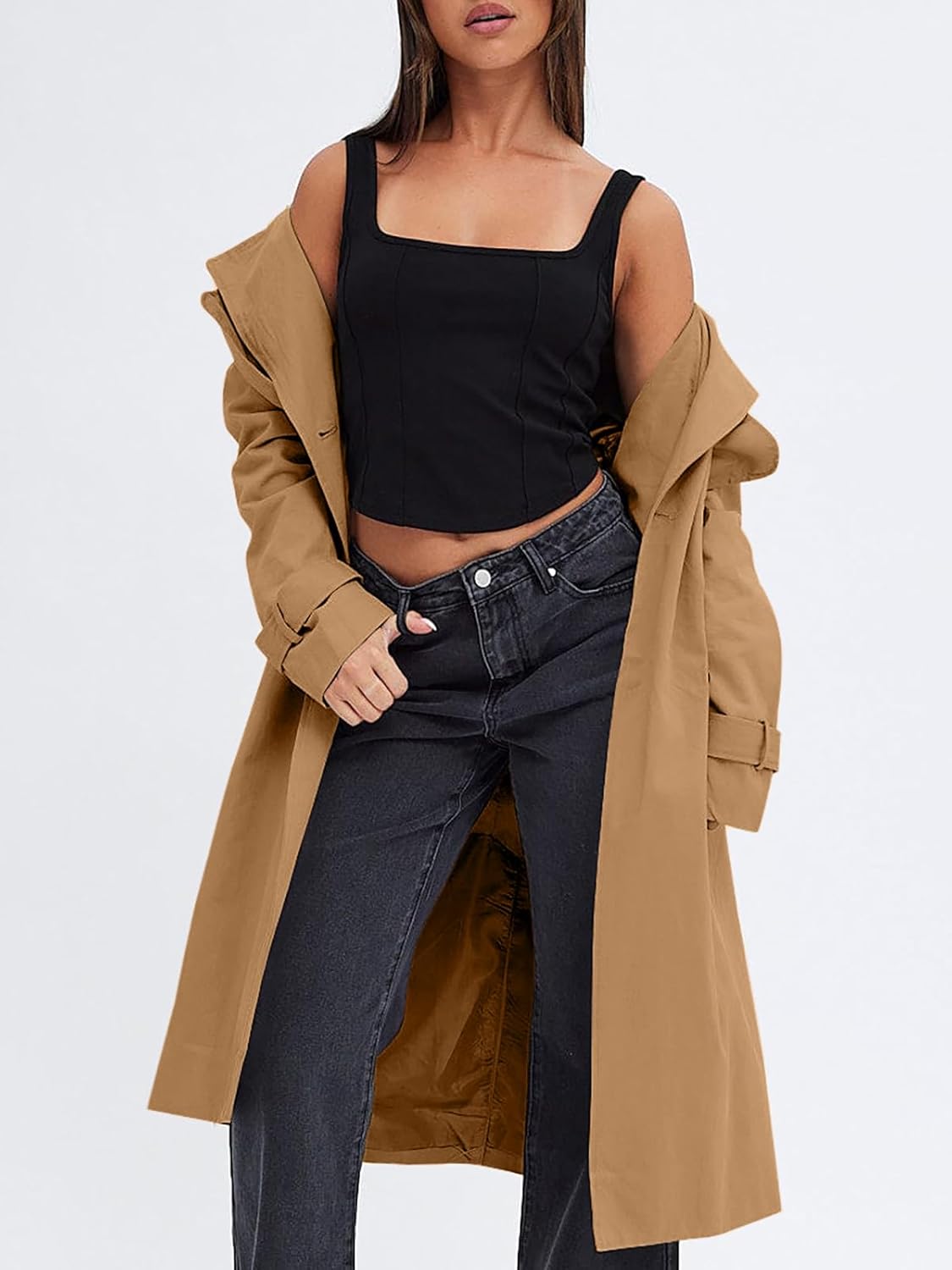 Women's Double Breasted Trench Coats Causal Windproof Long Lapel Pocketed Overcoat with Belt