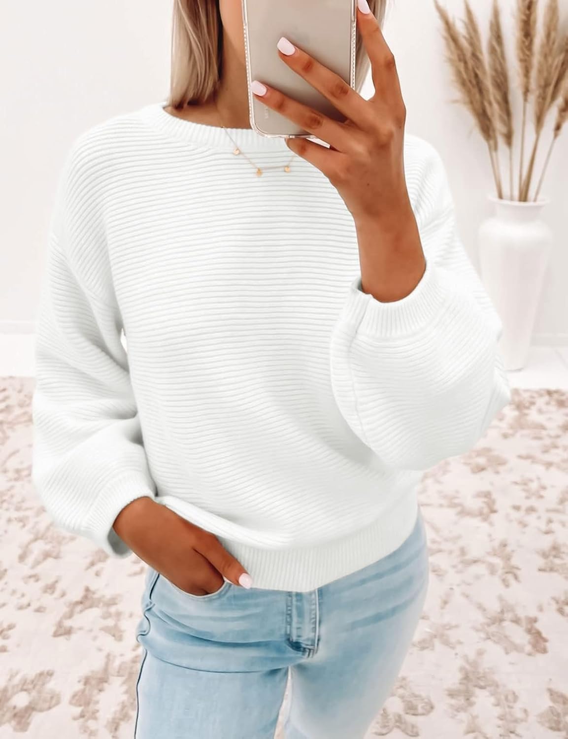 Women's 2024 Crew Neck Long Lantern Sleeve Casual Loose Ribbed Knit Solid Soft Pullover Sweater Tops