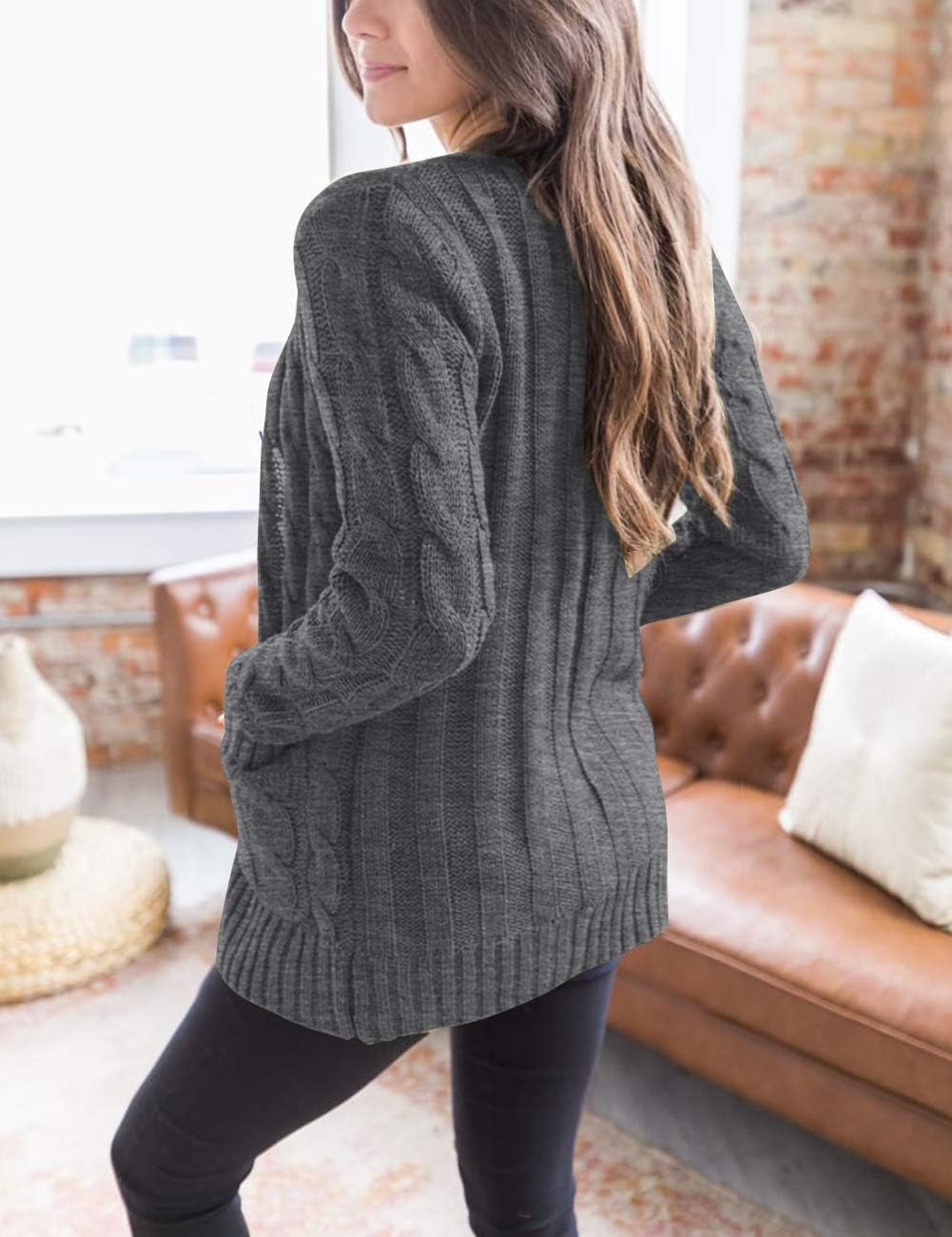 Women's 2024 Fall Long Sleeve Cable Knit Sweater Open Front Cardigan Button Loose Outerwear