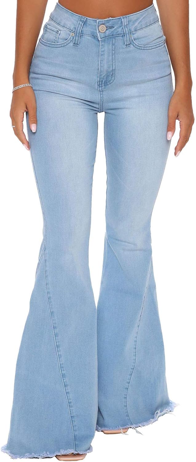 Women's Ripped Jeans Bell Bottom Flare Jeans Mid Rise Destroyed Hem Denim Pants