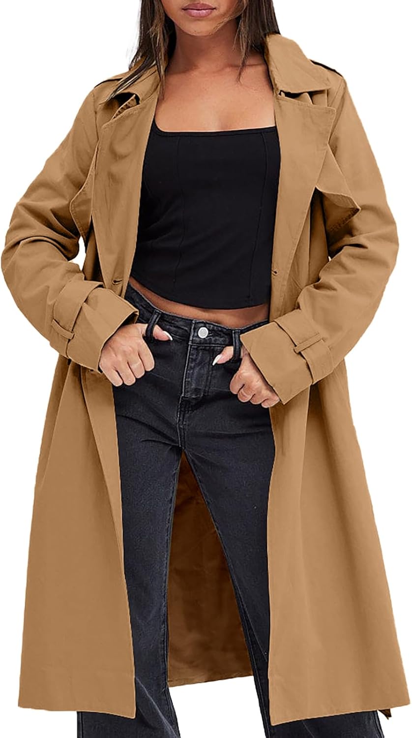 Women's Double Breasted Trench Coats Causal Windproof Long Lapel Pocketed Overcoat with Belt