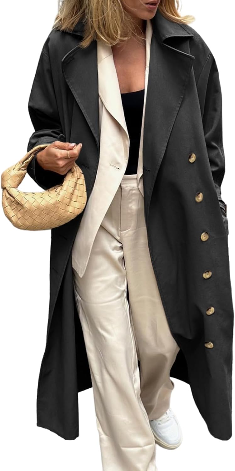 Women's  Long Trench Coat Double Breasted Windproof Classic Lapel Fall Overcoat Outerwear