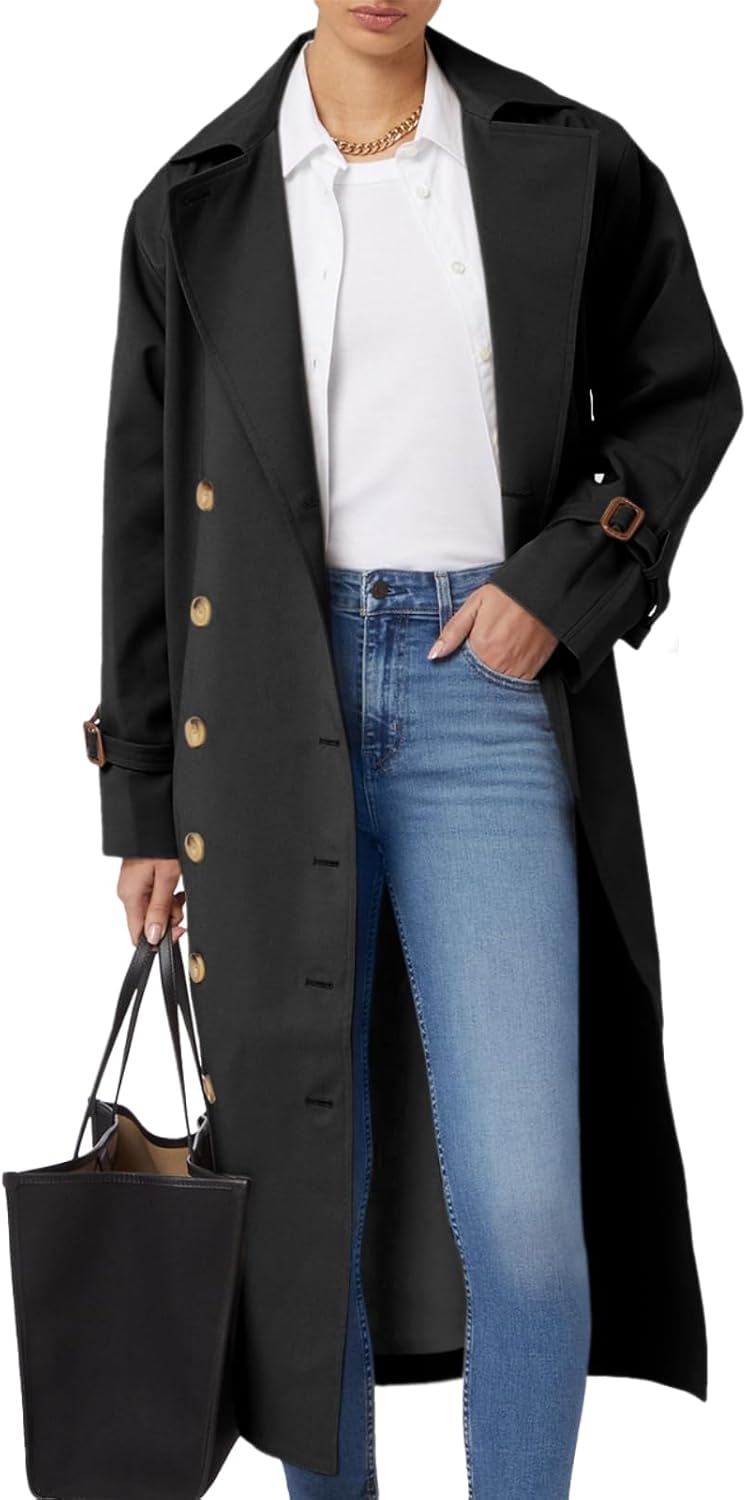 Women's  Long Trench Coat Double Breasted Windproof Classic Lapel Fall Overcoat Outerwear
