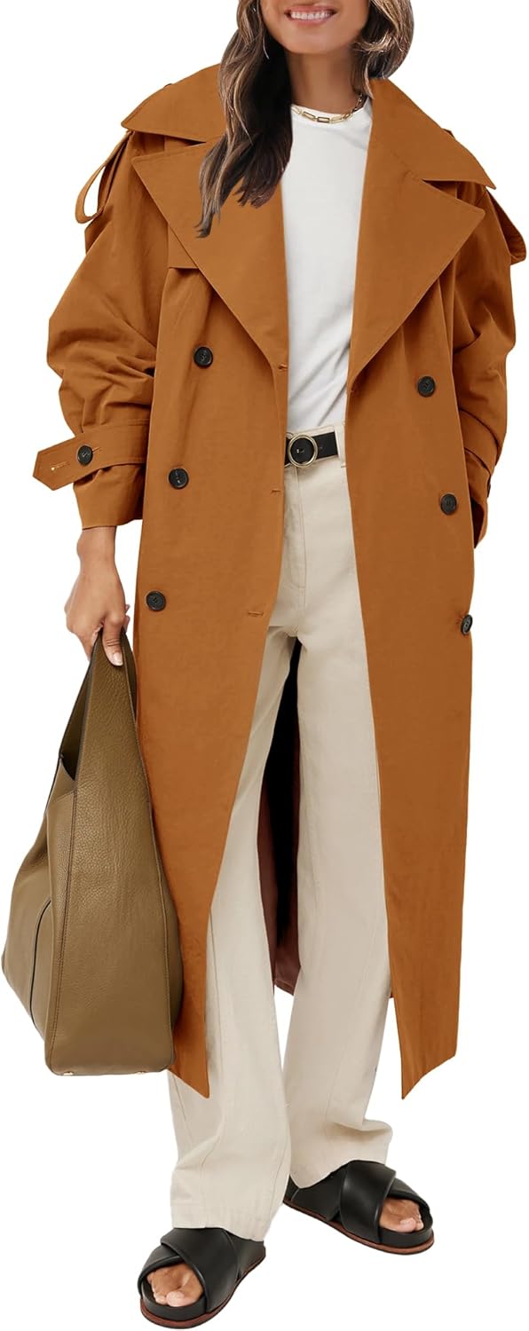 Women's  Oversized Long Trench Coat Double Breasted Lapel Windproof Overcoat with Belt