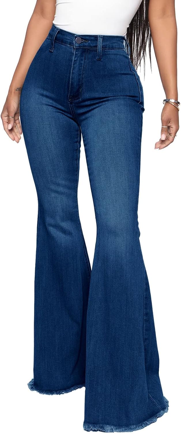 Women's Ripped Jeans Bell Bottom Flare Jeans Mid Rise Destroyed Hem Denim Pants