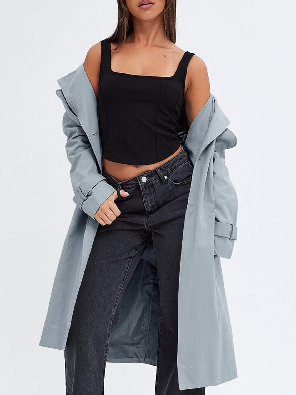 Women's Double Breasted Trench Coats Causal Windproof Long Lapel Pocketed Overcoat with Belt