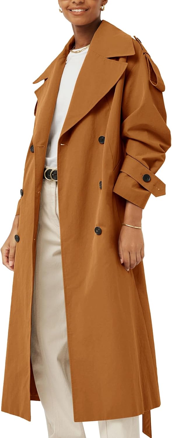 Women's  Oversized Long Trench Coat Double Breasted Lapel Windproof Overcoat with Belt