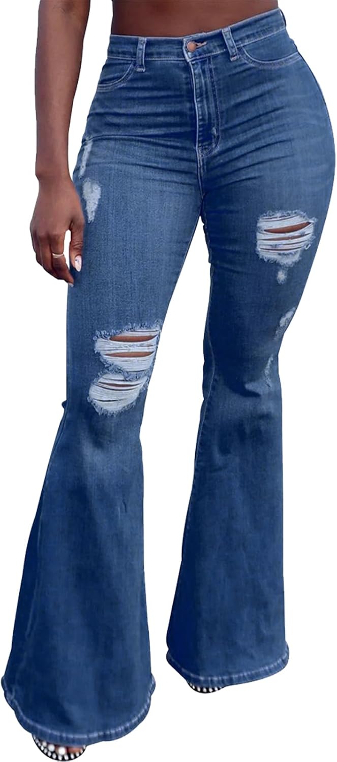 Women's Ripped Jeans Bell Bottom Flare Jeans Mid Rise Destroyed Hem Denim Pants