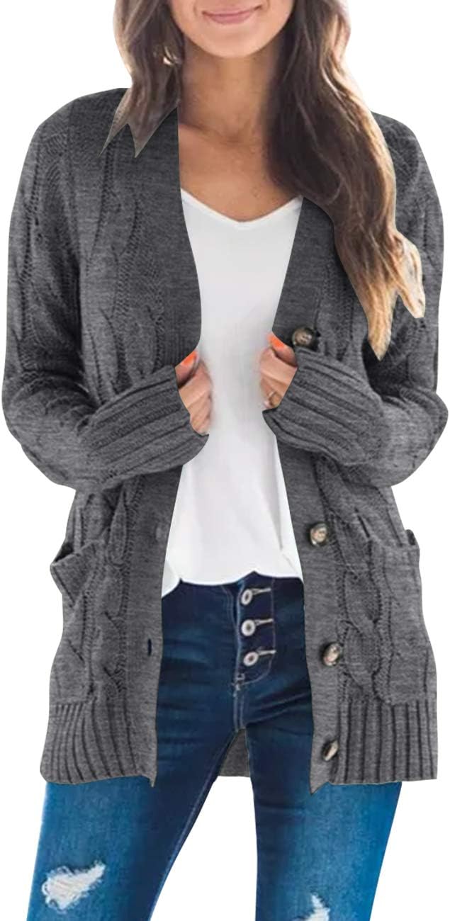 Women's 2024 Fall Long Sleeve Cable Knit Sweater Open Front Cardigan Button Loose Outerwear