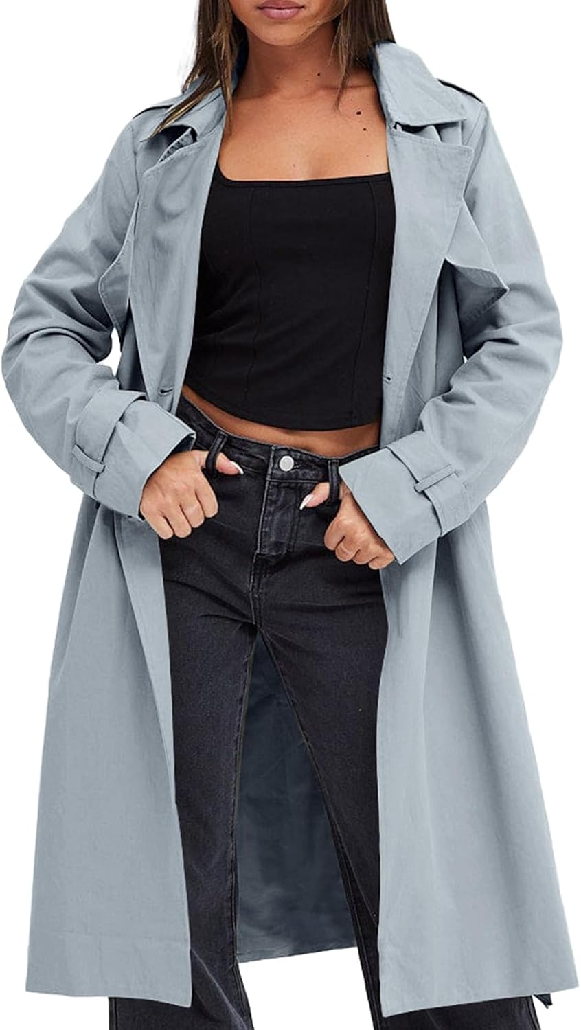 Women's Double Breasted Trench Coats Causal Windproof Long Lapel Pocketed Overcoat with Belt