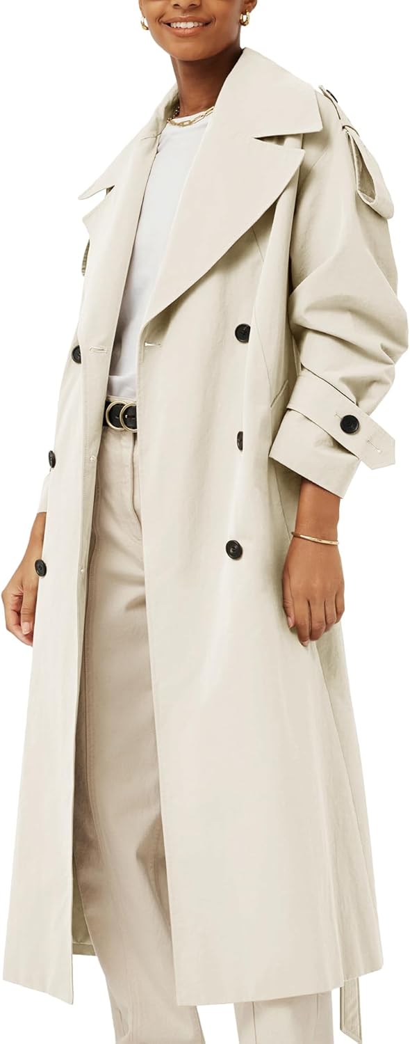 Women's  Oversized Long Trench Coat Double Breasted Lapel Windproof Overcoat with Belt