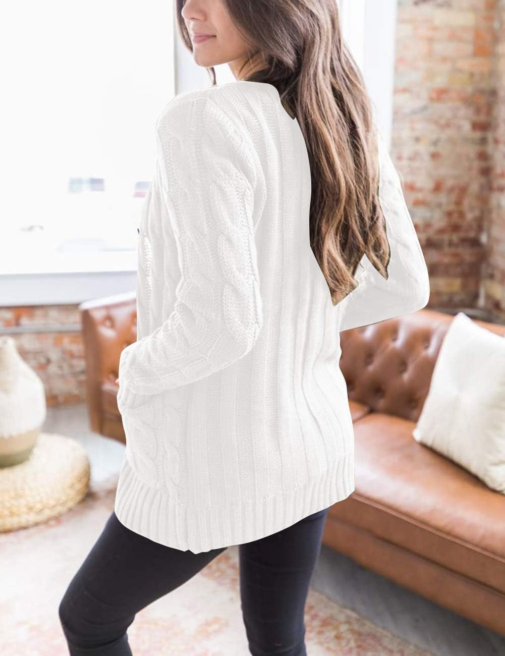 Women's 2024 Fall Long Sleeve Cable Knit Sweater Open Front Cardigan Button Loose Outerwear