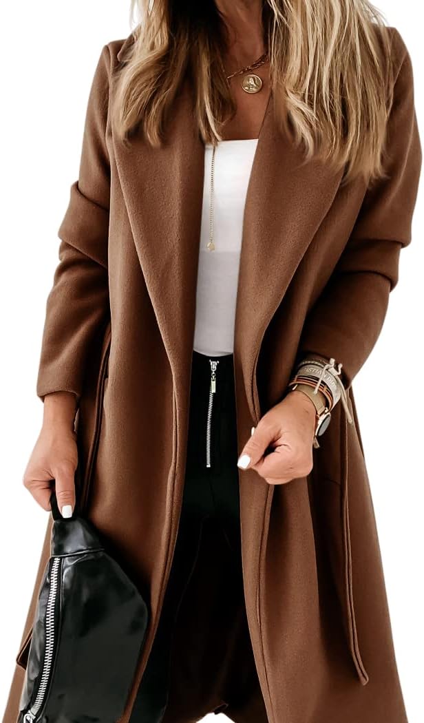 Women's  Classic Coat Lapel Collar Open Front Belted Long Jacket