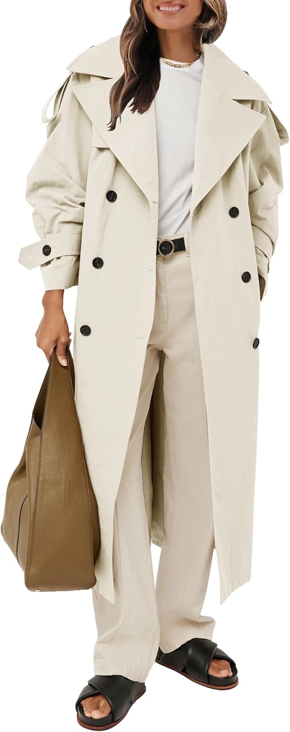 Women's  Oversized Long Trench Coat Double Breasted Lapel Windproof Overcoat with Belt