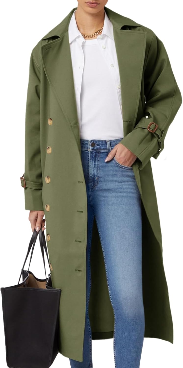 Women's  Long Trench Coat Double Breasted Windproof Classic Lapel Fall Overcoat Outerwear