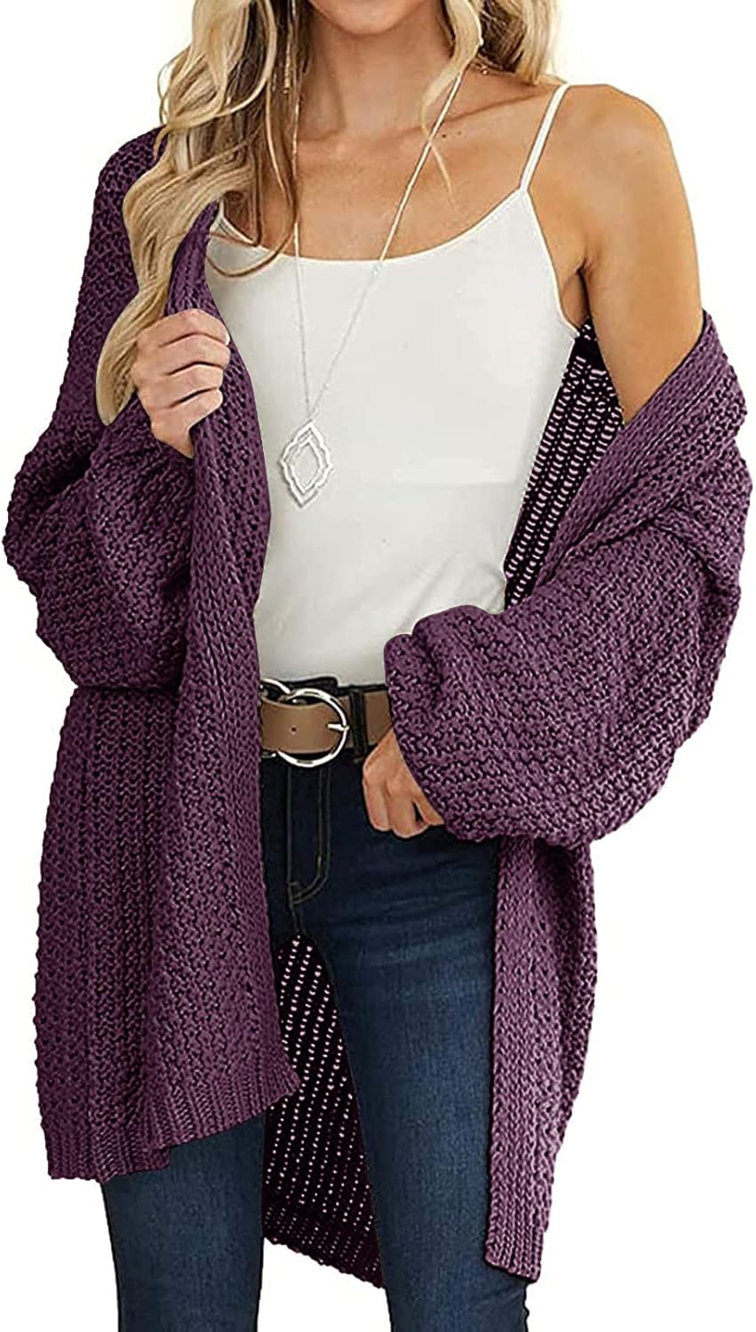 Women's 2024 Fall Open Front Chunky Knit Sweater Oversized Lantern Sleeve Cardigan Outwear