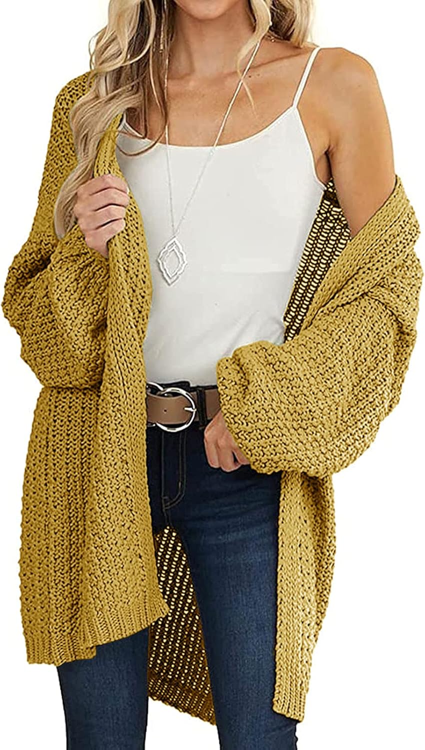 Women's 2024 Fall Open Front Chunky Knit Sweater Oversized Lantern Sleeve Cardigan Outwear