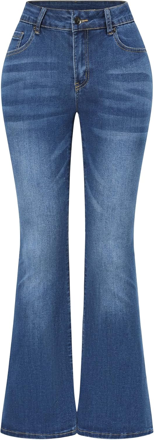 Women's Stretchy Mid Rise Flare Jeans Distressed Denim Bell Bottom Pants