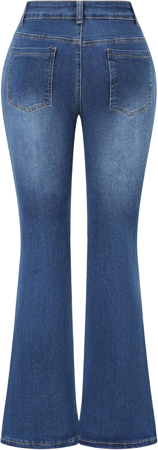 Women's Stretchy Mid Rise Flare Jeans Distressed Denim Bell Bottom Pants