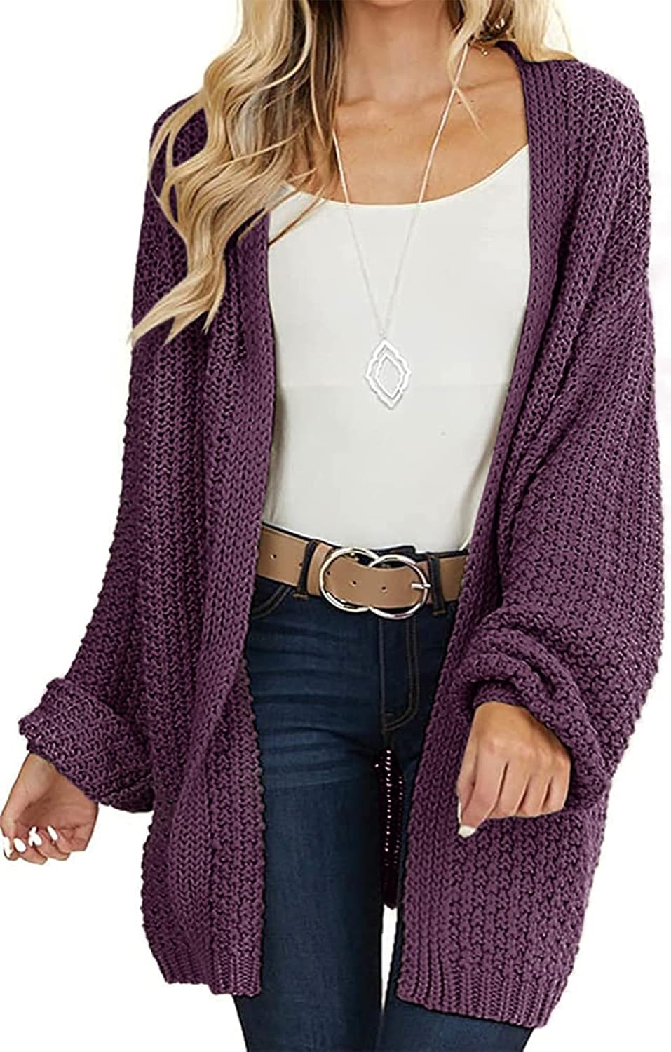Women's 2024 Fall Open Front Chunky Knit Sweater Oversized Lantern Sleeve Cardigan Outwear