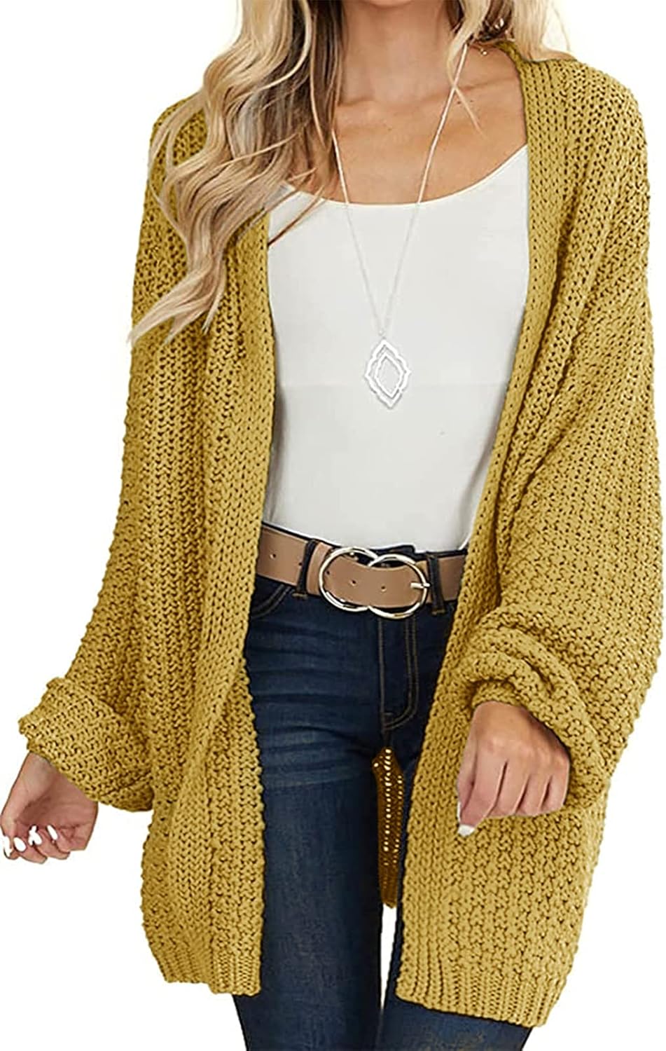 Women's 2024 Fall Open Front Chunky Knit Sweater Oversized Lantern Sleeve Cardigan Outwear
