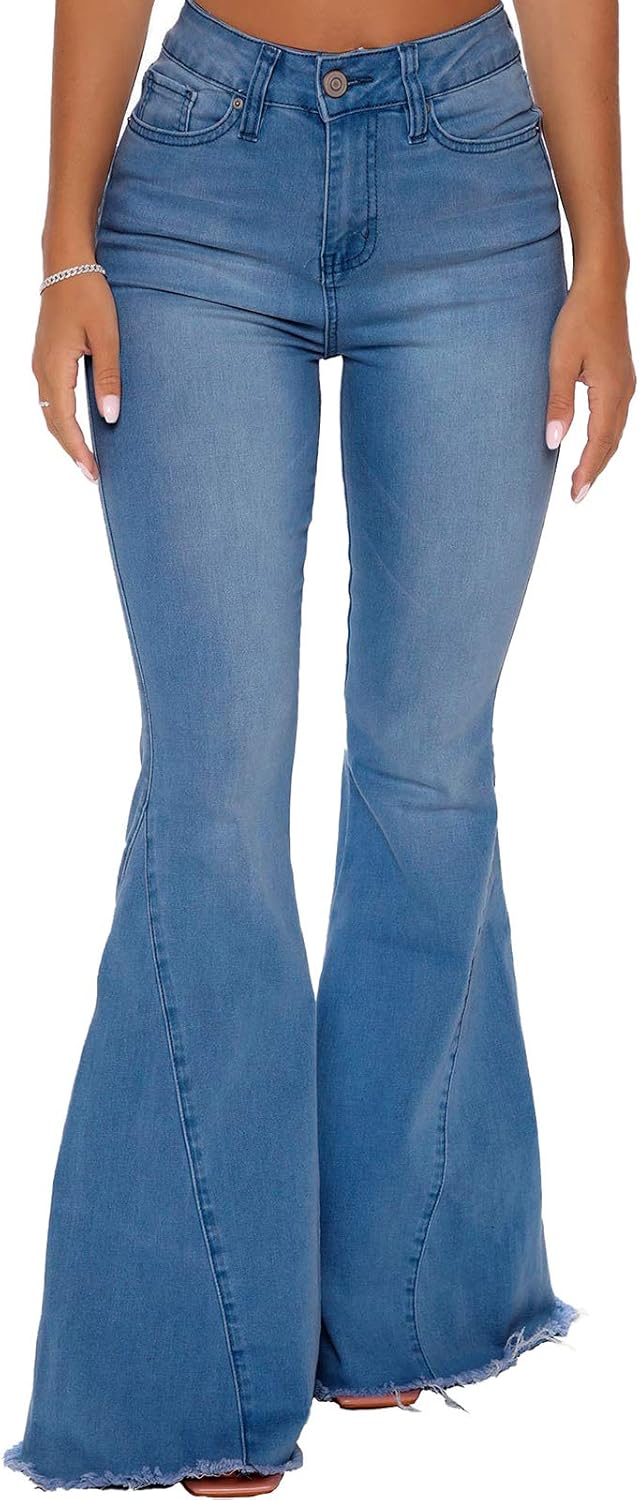 Women's Ripped Jeans Bell Bottom Flare Jeans Mid Rise Destroyed Hem Denim Pants