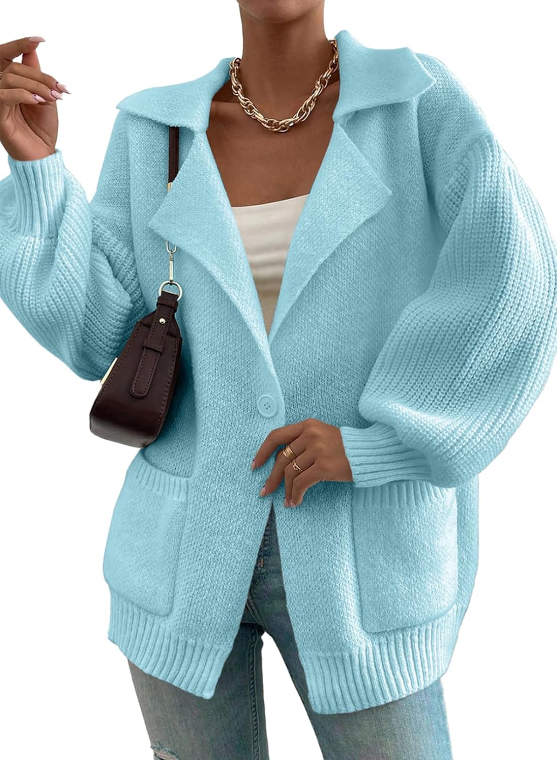 Women Open Front Knit Sweaters Button Casual Long Sleeve V Neck Cardigans