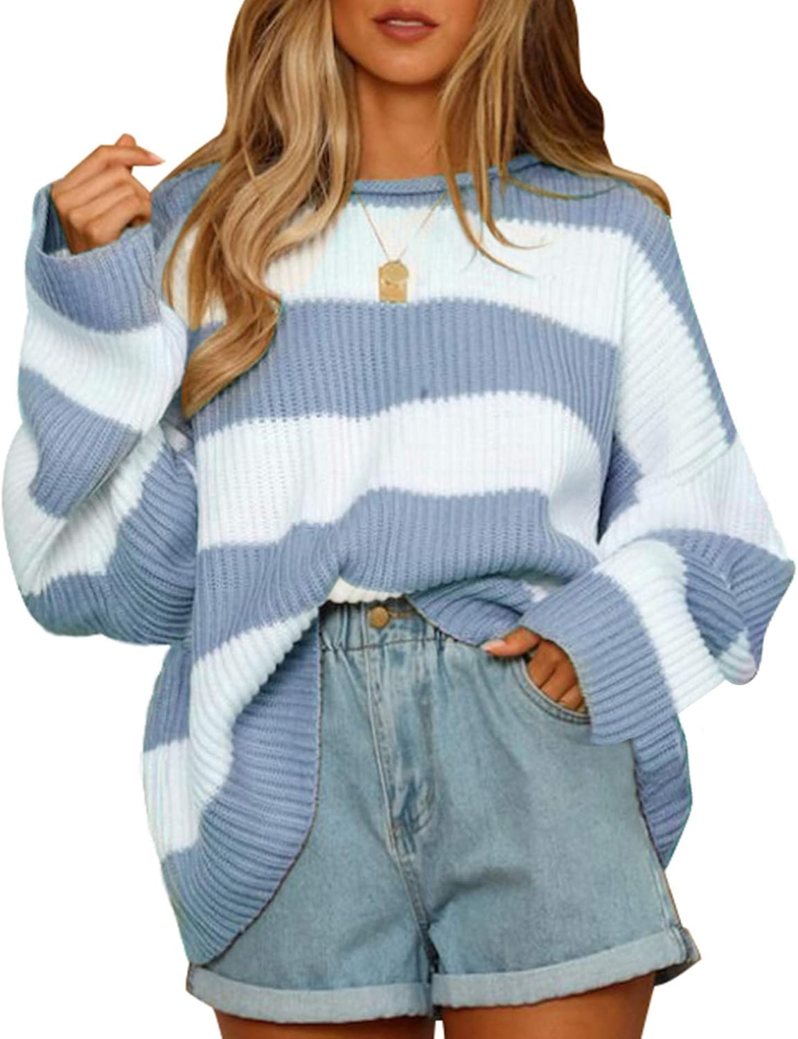 Women's 2024 Fall Long Sleeve Crew Neck Striped Color Block Comfy Loose Oversized Knitted Pullover Sweater