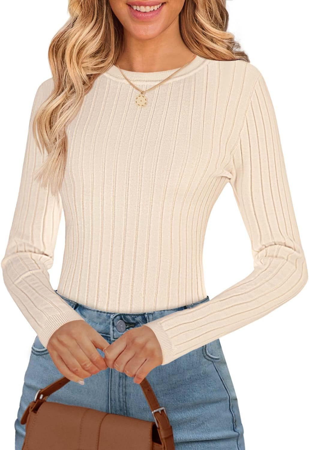 Women's 2024 Fall Long Sleeve Tops Crew Neck Ribbed Slim Fitted Casual Knit Sweater Shirts