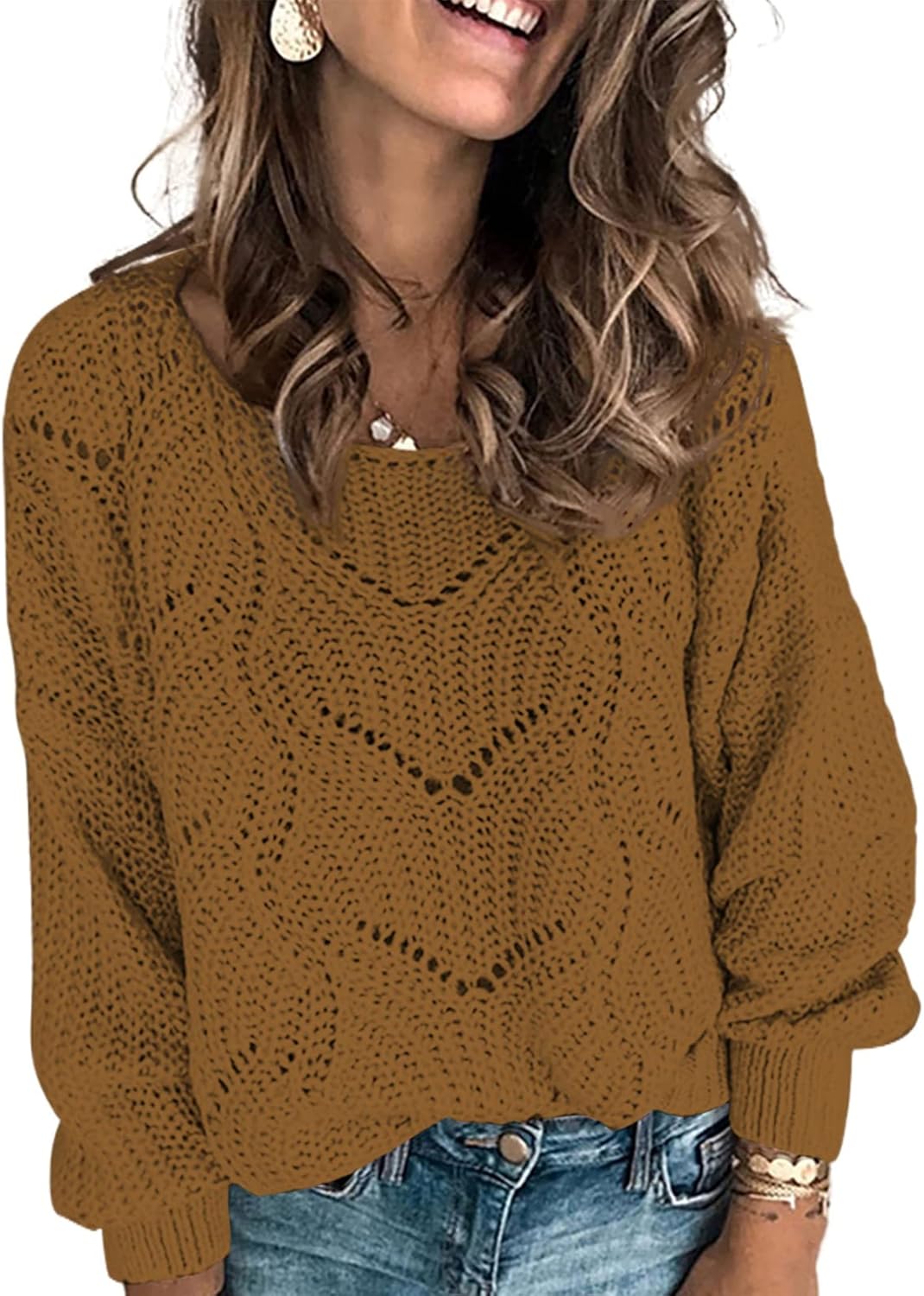 Women's  Sweaters 2024 Cute Elegant Soft Crewneck Long Sleeve Hollow Cable Knit Pullover Tops