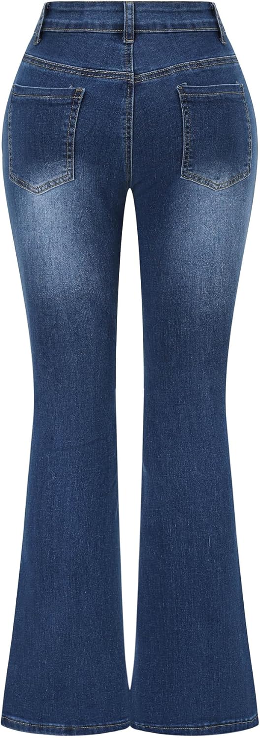 Women's Stretchy Mid Rise Flare Jeans Distressed Denim Bell Bottom Pants