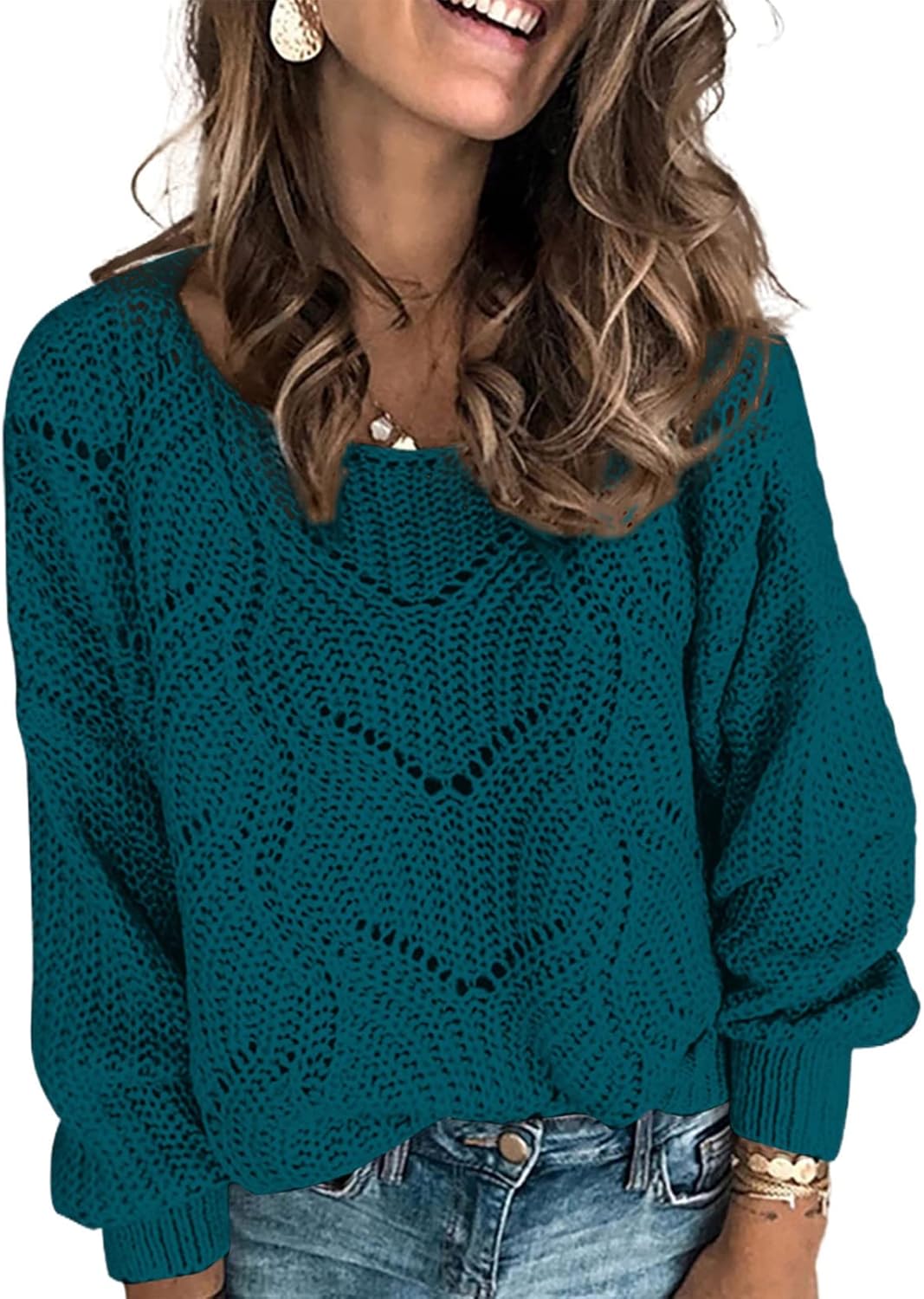 Women's  Sweaters 2024 Cute Elegant Soft Crewneck Long Sleeve Hollow Cable Knit Pullover Tops