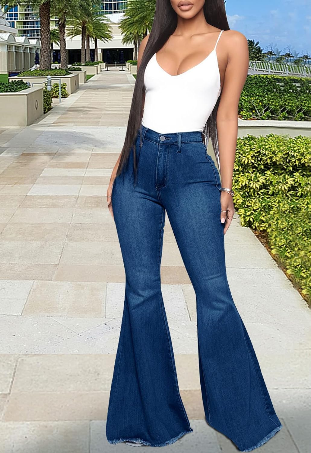 Women's Ripped Jeans Bell Bottom Flare Jeans Mid Rise Destroyed Hem Denim Pants