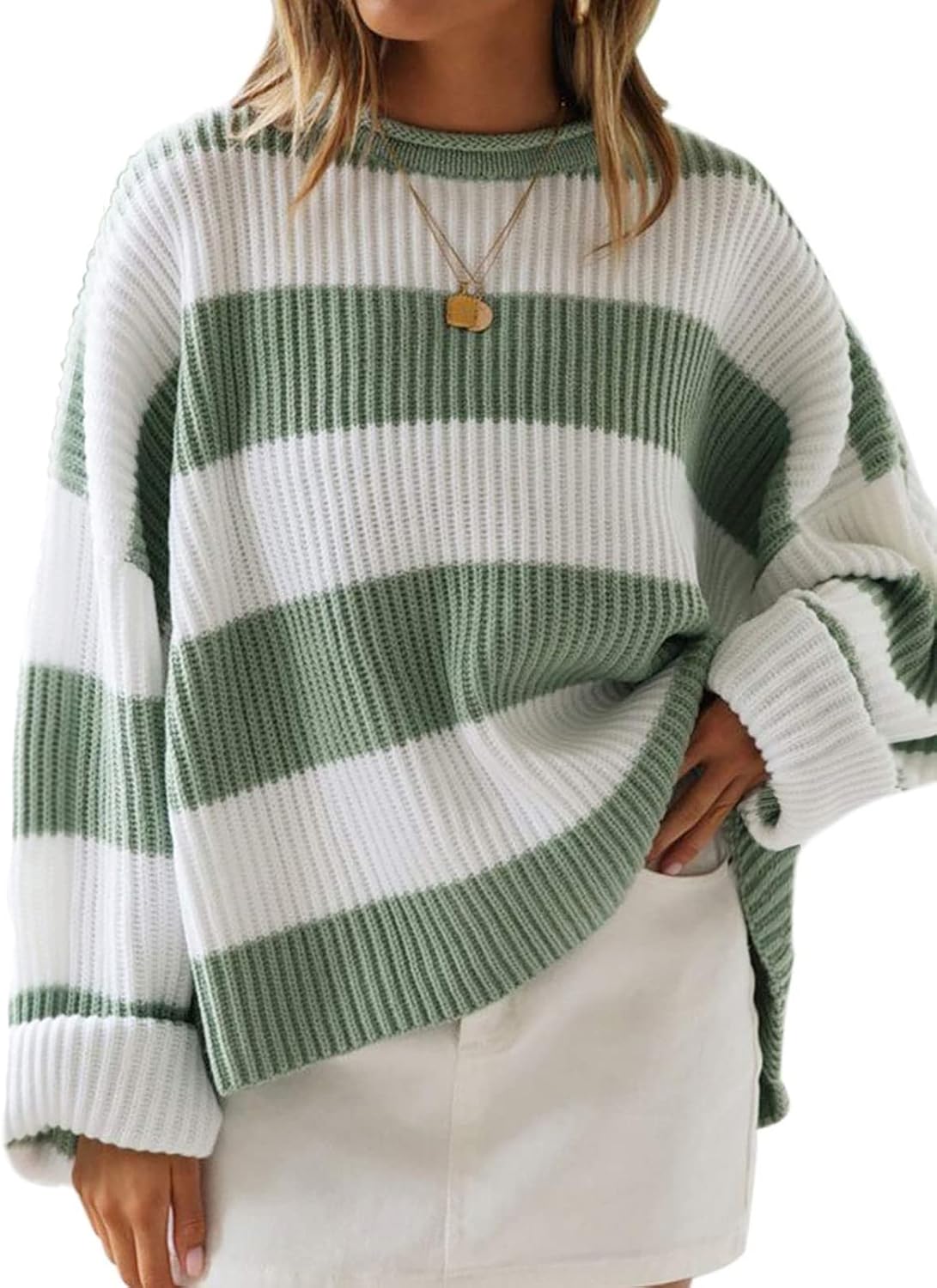 Women's 2024 Fall Long Sleeve Crew Neck Striped Color Block Comfy Loose Oversized Knitted Pullover Sweater