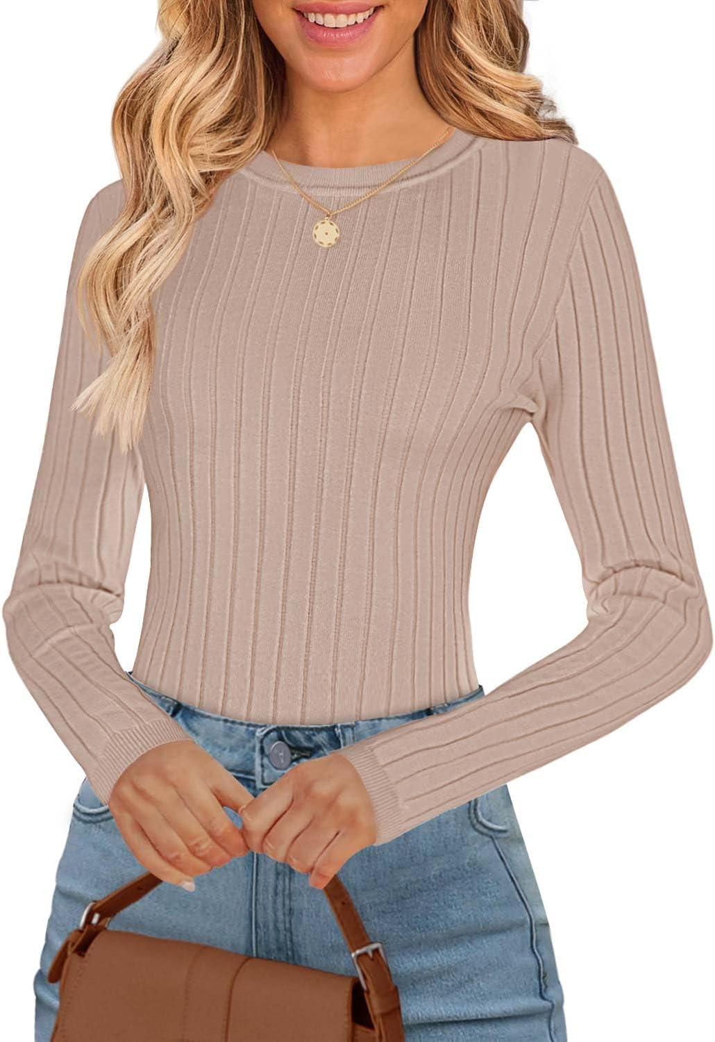 Women's 2024 Fall Long Sleeve Tops Crew Neck Ribbed Slim Fitted Casual Knit Sweater Shirts