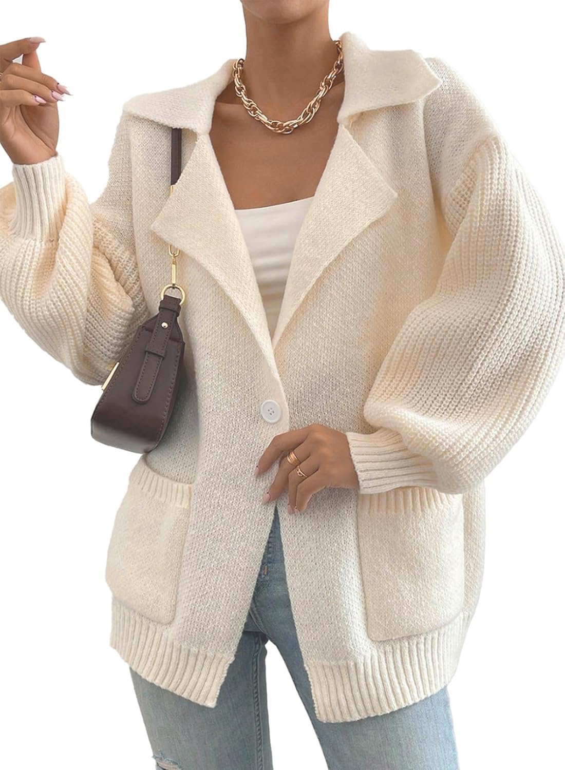 Women Open Front Knit Sweaters Button Casual Long Sleeve V Neck Cardigans