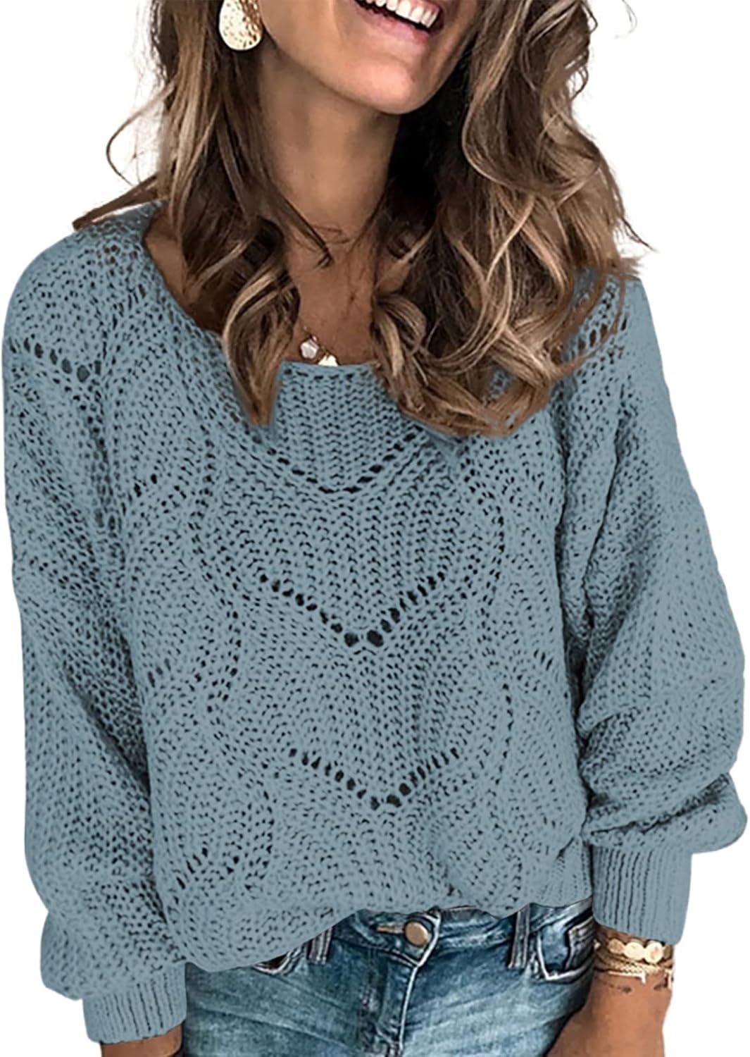Women's  Sweaters 2024 Cute Elegant Soft Crewneck Long Sleeve Hollow Cable Knit Pullover Tops