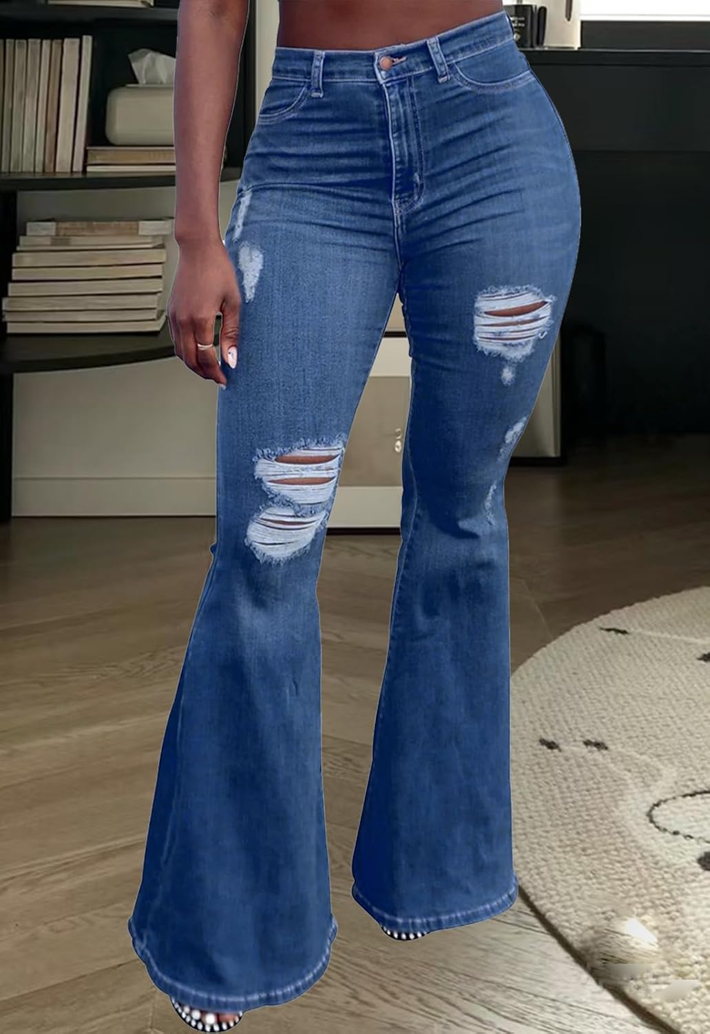 Women's Ripped Jeans Bell Bottom Flare Jeans Mid Rise Destroyed Hem Denim Pants
