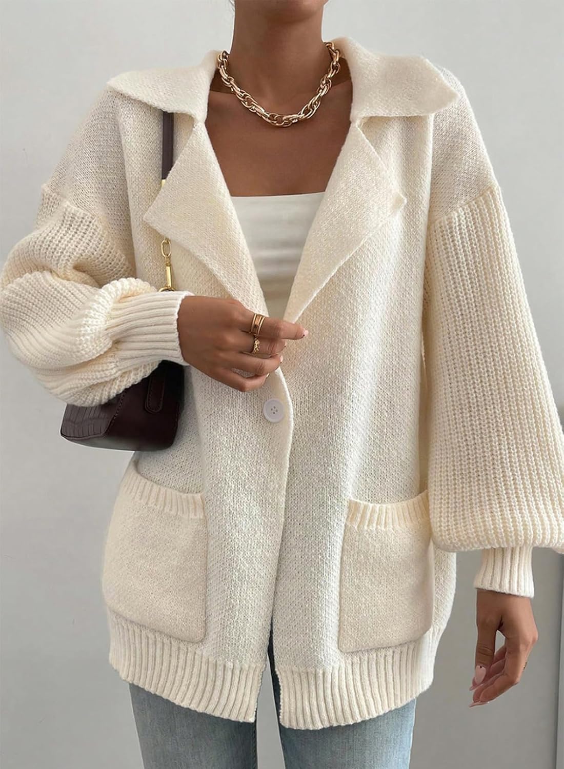 Women Open Front Knit Sweaters Button Casual Long Sleeve V Neck Cardigans