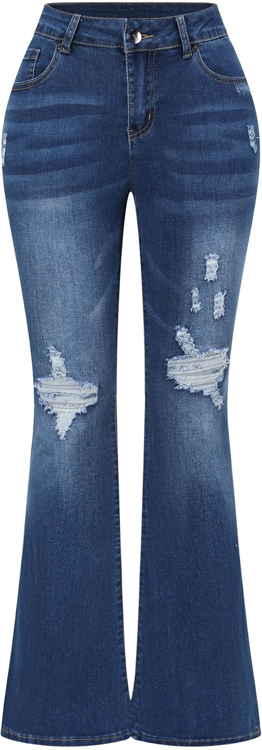 Women's Stretchy Mid Rise Flare Jeans Distressed Denim Bell Bottom Pants