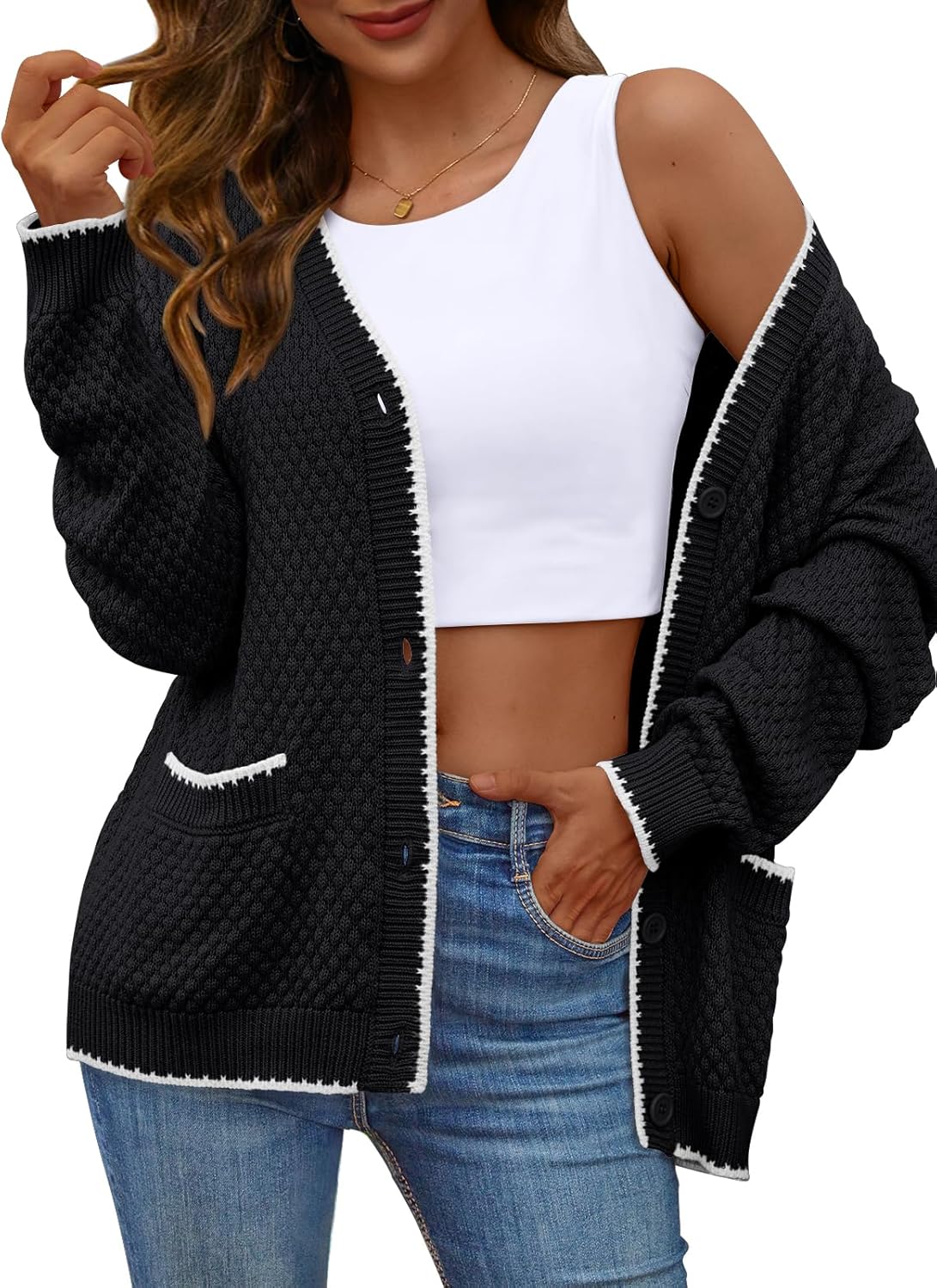 Women's  Long Sleeve V Neck Ribbed Cardigan Sweater with Pockets