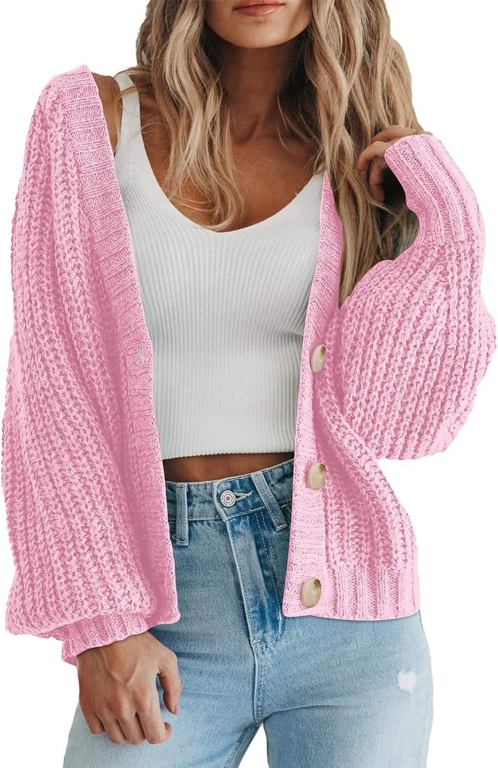 Women's Chunky Knit Open Front Sweater Long Sleeve Button Loose Short Cardigan Outerwear Coats