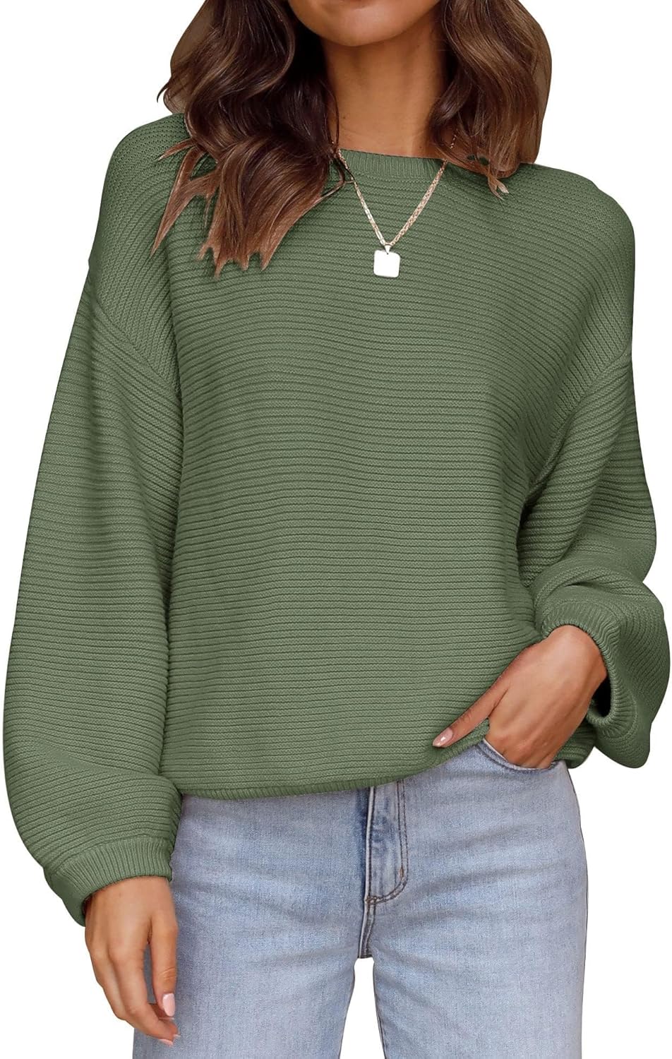 Women's 2024 Crew Neck Long Lantern Sleeve Casual Loose Ribbed Knit Solid Soft Pullover Sweater Tops