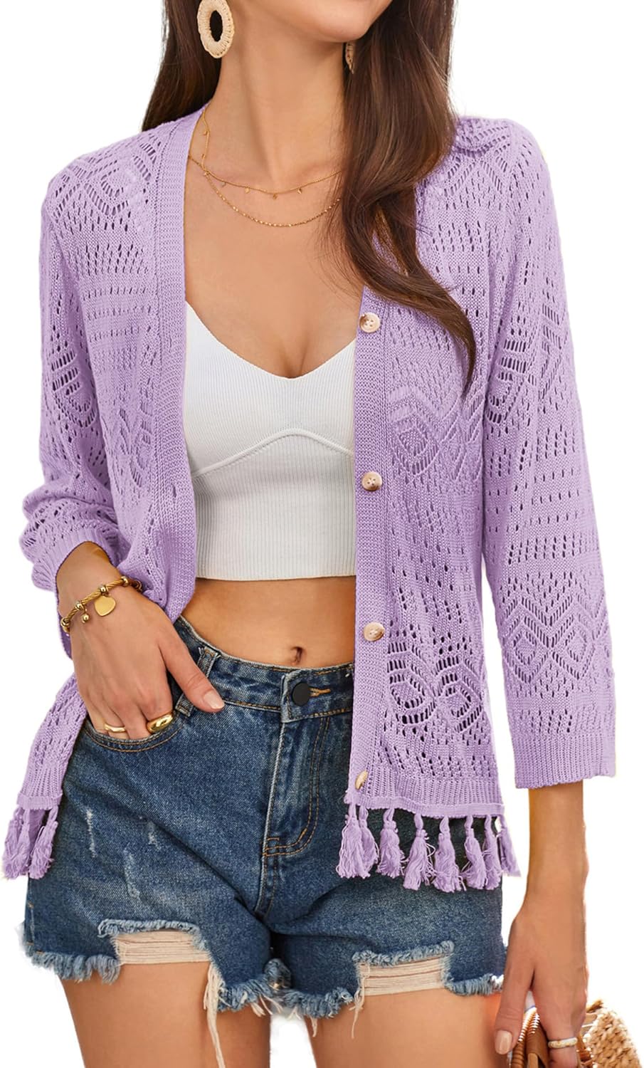 Women Fringed Cardigan 2024 Boho Hollowed Out Crochet Knit Shrug 3/4 Sleeve V-Neck Cardigan Top with Button